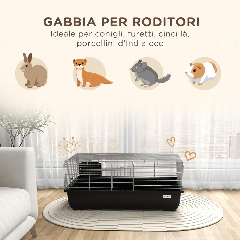 Rabbit Cage with 2 Doors and Removable Tray, in Metal and PP Plastic, 100x55x41 cm, Black and Silver