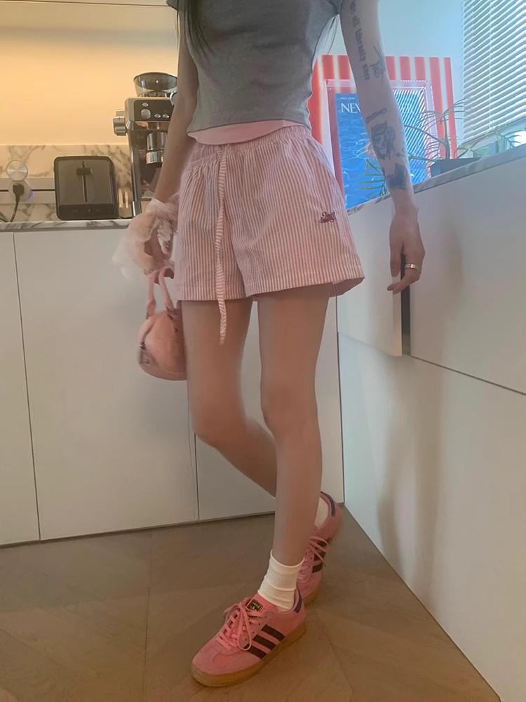 

Шорты с вышивкой в полоску в гонконгском стиле на кулиске с широкими штанинами для женщин - Повседневные, универсальные и легкие XL