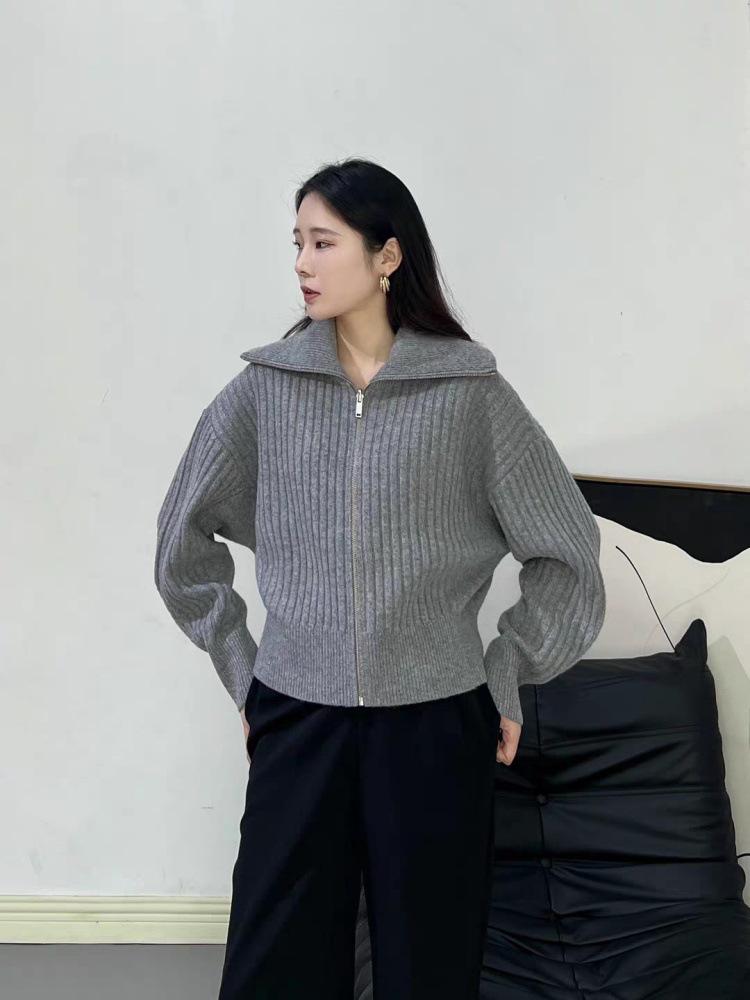 Women's 100% Wool Cardigan Sweater with Lapels and Double Zipper - Solid Color, Loose Fit, High Quality Outerwear