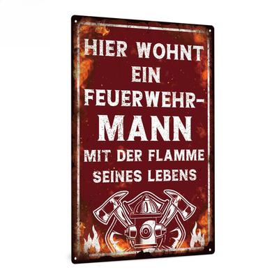 Vintage Fire Brigade Metal Tin Sign - German Text, Retro Wall Art Decor with Fire Truck & Helicopter Design, 7.9 X 11.8 Inches