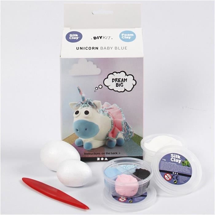 Kit de modelage - SILK CLAY - FUNNY FRIENDS LICORNE BLEU - 4 couleurs - Pâte à paillettes - Styromousse