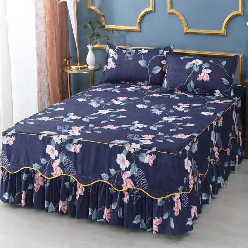 Fashion Soft Sanding Bedspread Anti-skip Wedding Bed skirt Queen King Size No Pilling Fitted Sheet Cover Double Layer Bed Cover