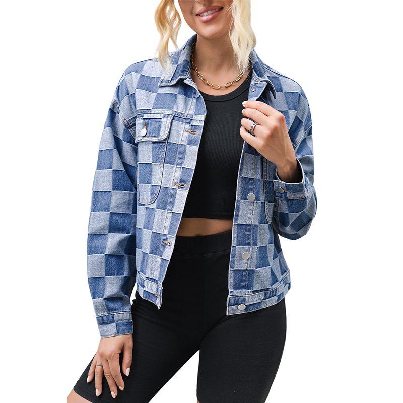 

2025 Winter New Color Matching Plaid Denim coat Women European and American Personality Trend Short Lapel Jacket Women Light blue S code fits (45.00 kg-55.00 kg
