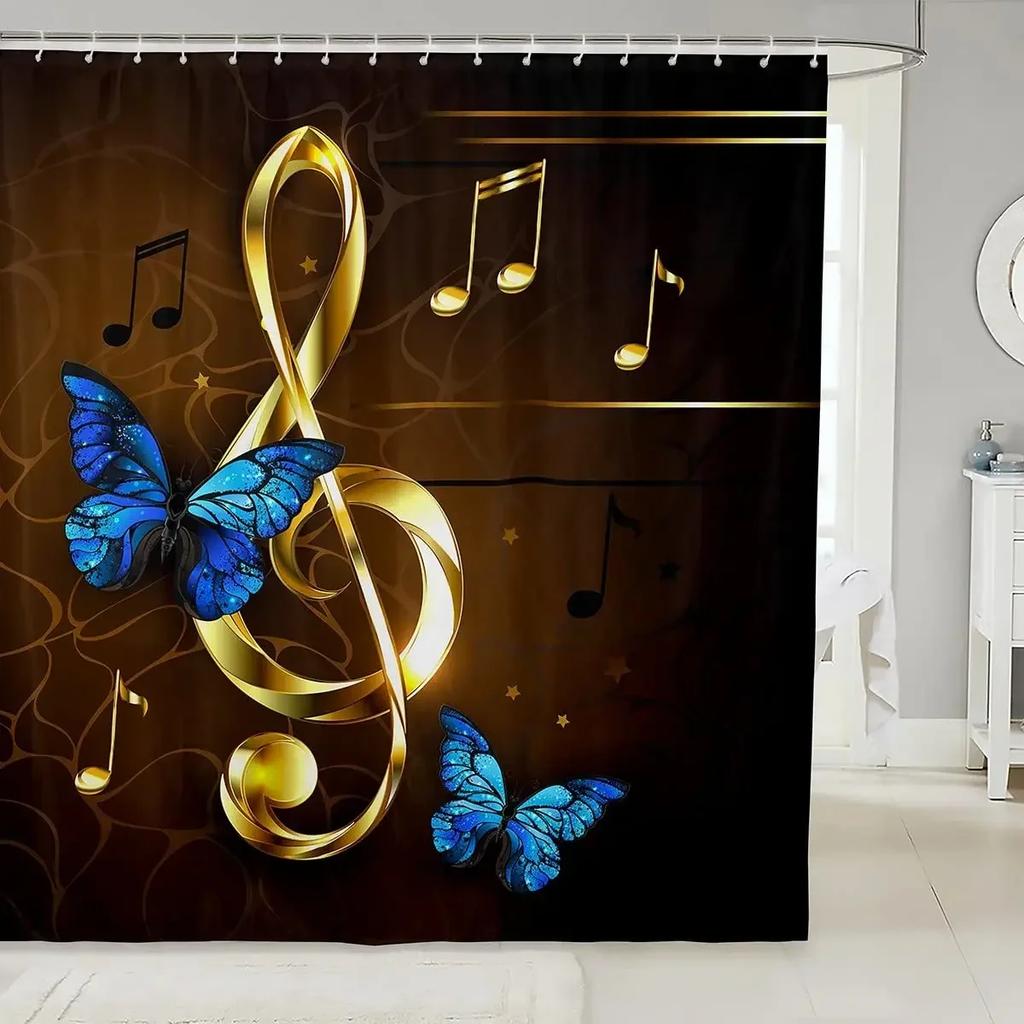 Music Shower Curtain,Black And White Music Notes Bathroom Shower Curtains Polyester Fabric Fashion Gray Bathroom Set With Hooks