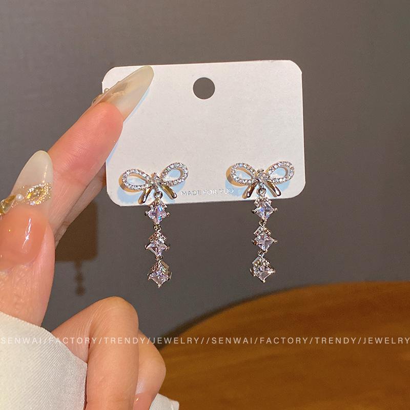 Sweet Bow Sparkling Zirconium Tassel Earrings Women s Design Long Stud Earrings Ears