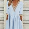 Women Midi Dress Half Sleeves V Neck Cutout Patchwork Pleated Daily Wear A-line