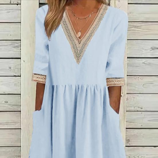 Women Midi Dress Half Sleeves V Neck Cutout Patchwork Pleated Daily Wear A-line