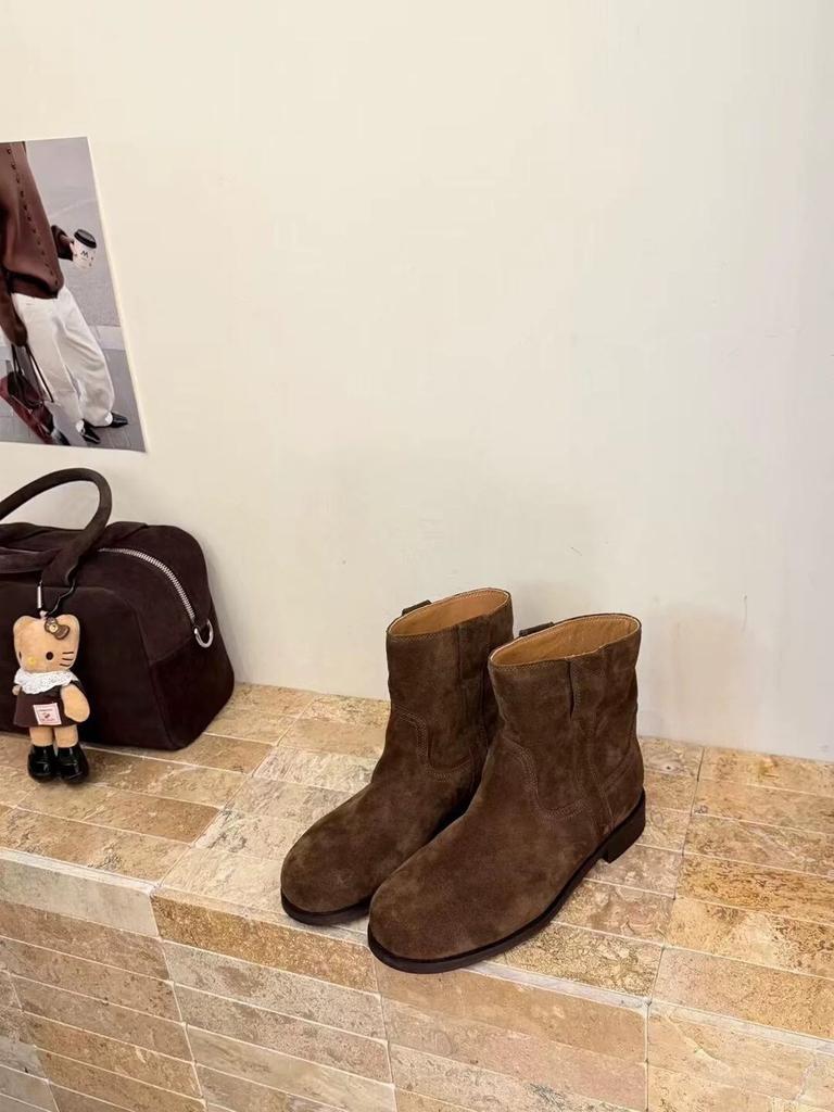 Sheepskin Version~ Retro Suede Face Round Head Thick Heel Sleeve Martin Boots Short Boots Women's Versatile Western Cowboy Boots