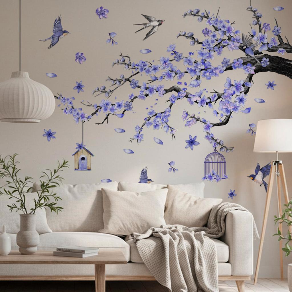 Mg19055 Creative Purple Branch Bird Flower Wall Sticker Bedroom Home Decoration Self-Adhesive Pvc Wall Sticker