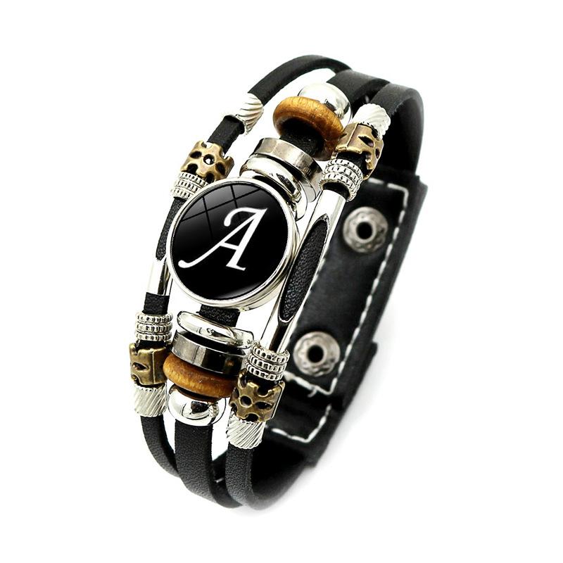

Vintage 26 Letter Leather Bracelet English Initial Glass Snap Button Bracelets For Men Women