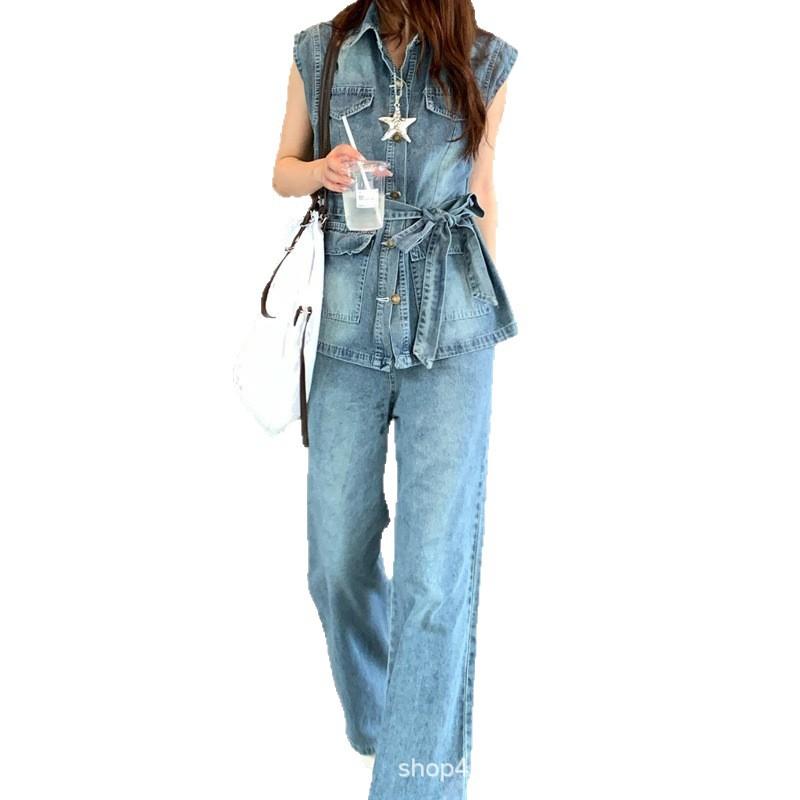 1116 summer new old sleeveless denim vest women's high waist and thin straight wide-leg pants temperament two-piece set
