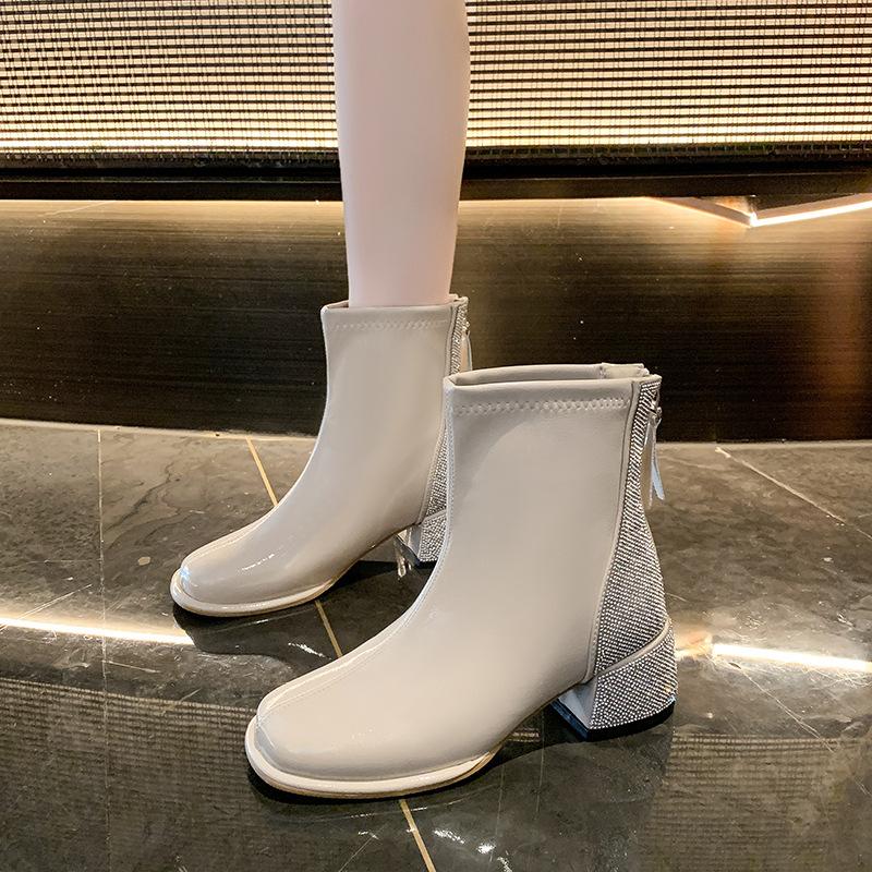 

Новые ботильоны с квадратным носком и стразами, женские, на среднем каблуке, на молнии, модные осенне-зимние ботинки 39 бежевый