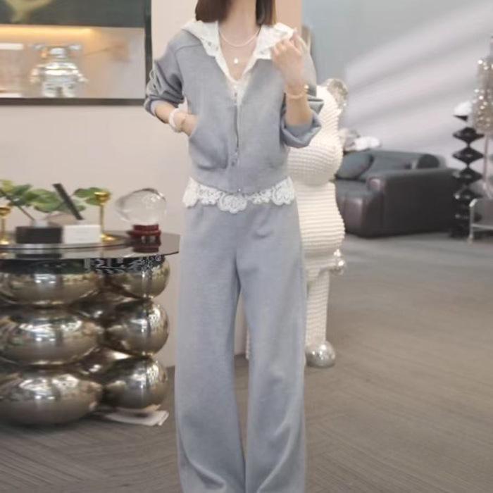 Зимняя корейская мода 2026: Женский худи с кружевной вставкой и повседневные брюки M серый