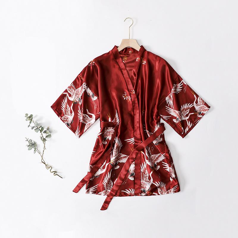 Women's Japanese-Style Satin Kimono Bathrobe with Peacock Design