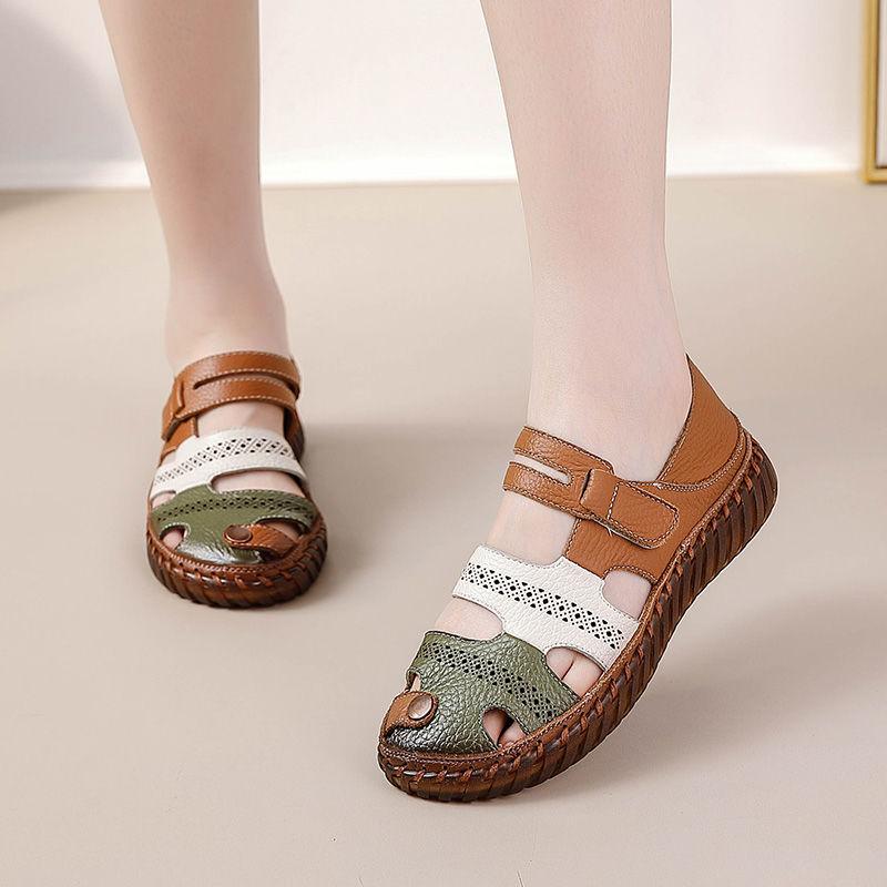 Plus size 35-43 new handmade patchwork sandals woman genuine leather summer sneakers retro oxford sandals closed toe with button