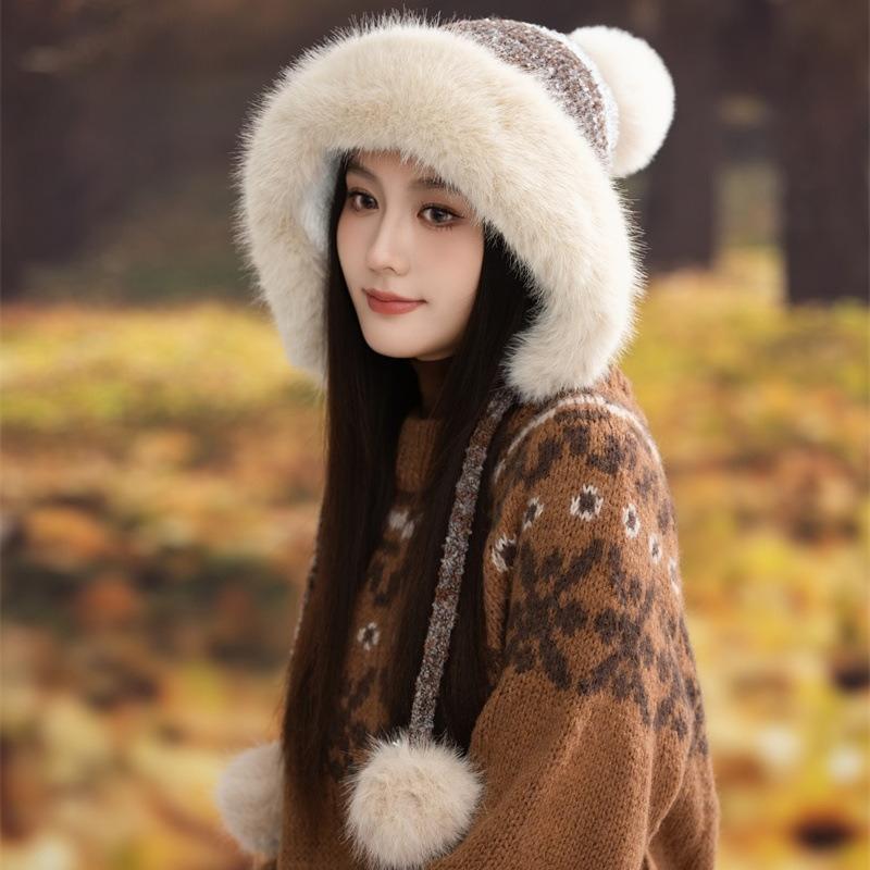 Ear Protection Knitted Thermal Hat Women's Autumn and Winter Piled Thickened Hairball Wool Colorful Hat