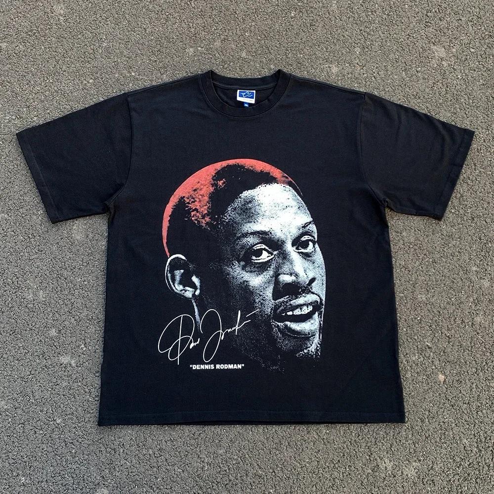 Móda Pánské Dámské Tričko Rodman Americká Street Velká Hlava Kulatý Výstřih Krátký Rukáv Bavlněné Tričko Volné Streetové Oblečení Topy Oblečení