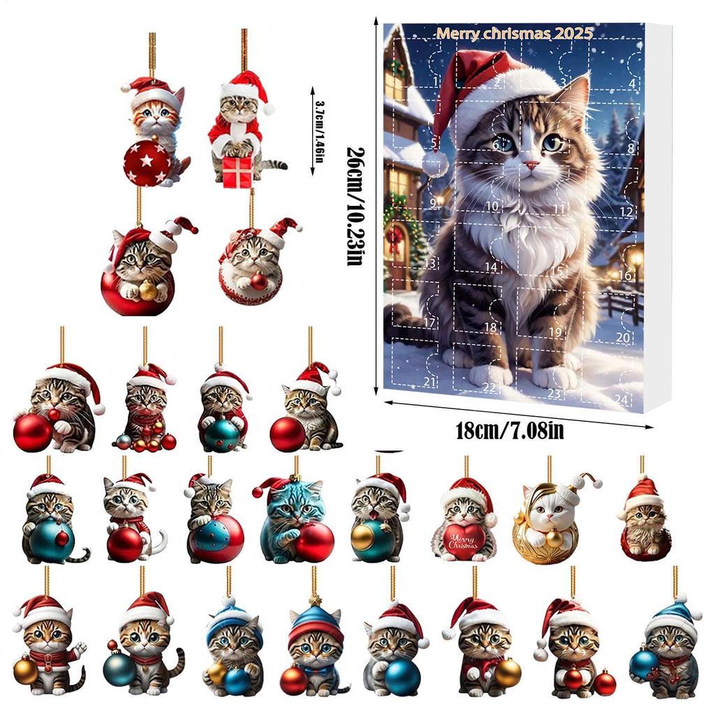 2025 Katze Weihnachten Adventskalender 24 Tage 2D Acryl Anhänger Countdown Kalender Niedliches Geschenk für Kinder Erwachsene Weihnachtsbaumschmuck