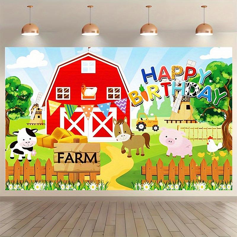 Bauernhaus-Tier-Holzzaun im Cartoon-Stil - Geburtstagsparty-Zubehör - Polyesterstoff-Fotohintergrund und Party-Banner