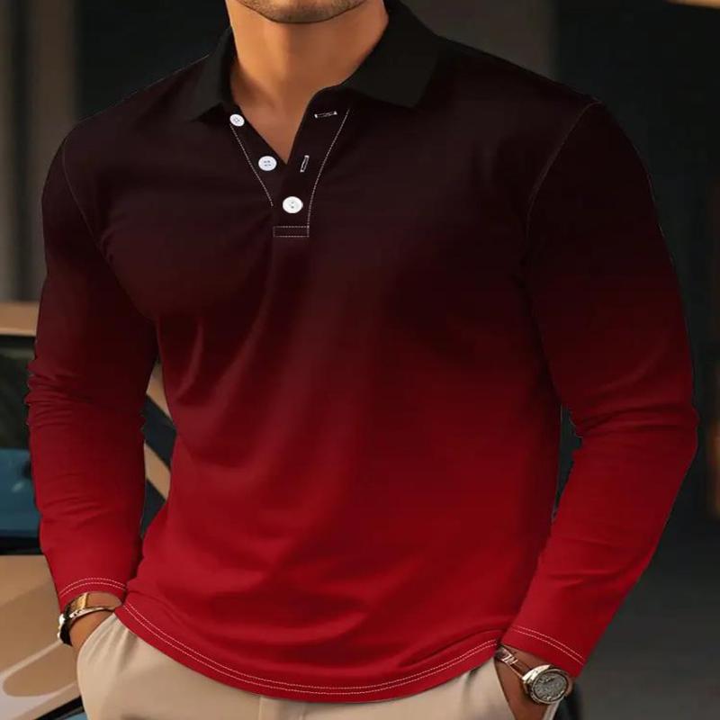New Digital Printed Men's Autumn Long Sleeved Color Blocked Sports Casual Fashion Polo Collar Gradient Men's Top