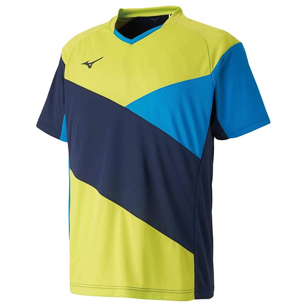 Mizuno Table Tennis Game Shirt, Short Sleeve, Standard, Dynamotion Fit, Sweat Absorbing, JTTA Certified, 82JA9003, Dress Navy/Lime Green, 2XL