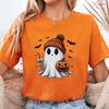 Little Boo Drinking Coffee Women T-Shirts Fashion Halloween Party Spooky Season Shirt Harajuku Graphic Tops Casual Streetwear