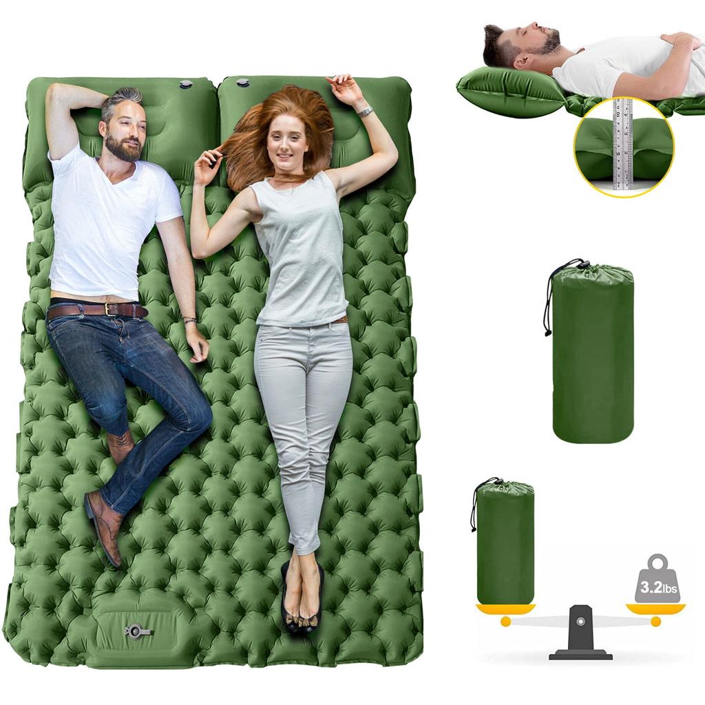 Double Sleeping Pad for 2 Person, Thick Inflatable Camping Mat with Built-in Foot Pump & Pillow, Compact Air Mattress for Hiking, Backpacking, Tent