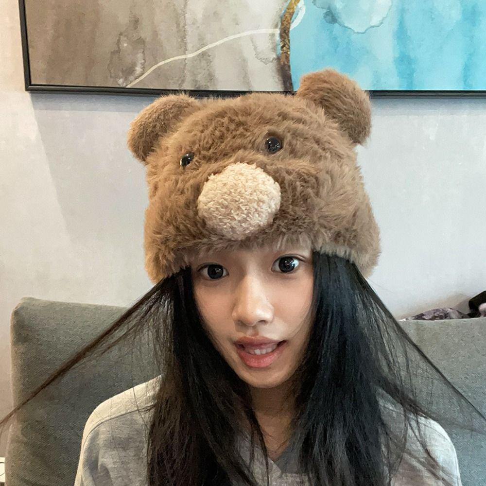 Korean Cute Bear Ear Hat Plush Pompom Beanie Cap Vintage Women Fluffy Hat  Female