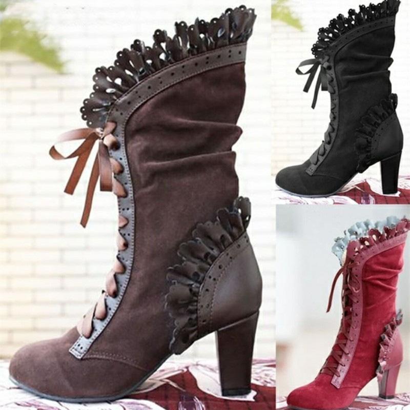 Women's Plus-size High-heeled Fashion Boots Lace Mid-leg Boots