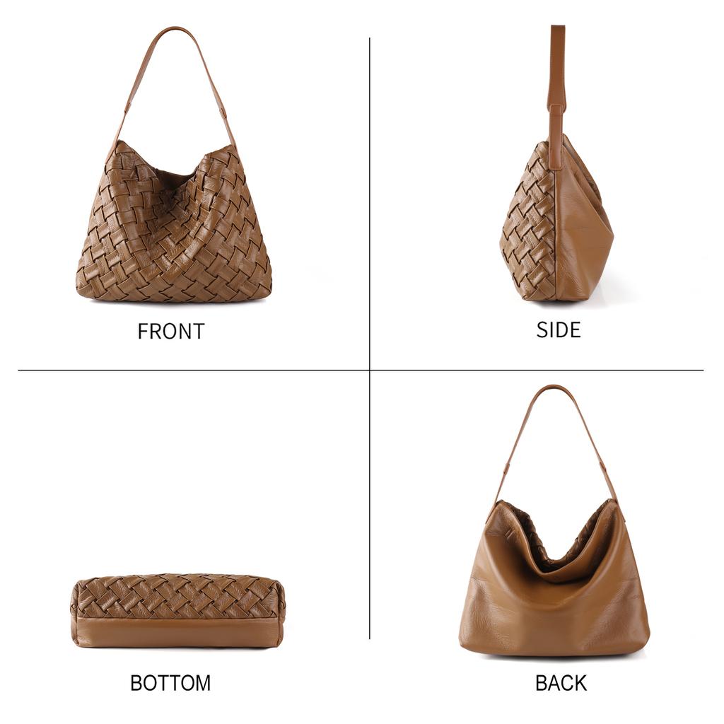 Gewebte Einkaufstasche für Damen, strukturiertes, plissiertes, weiches Leder, große Kapazität, Schulter-Umhängetasche