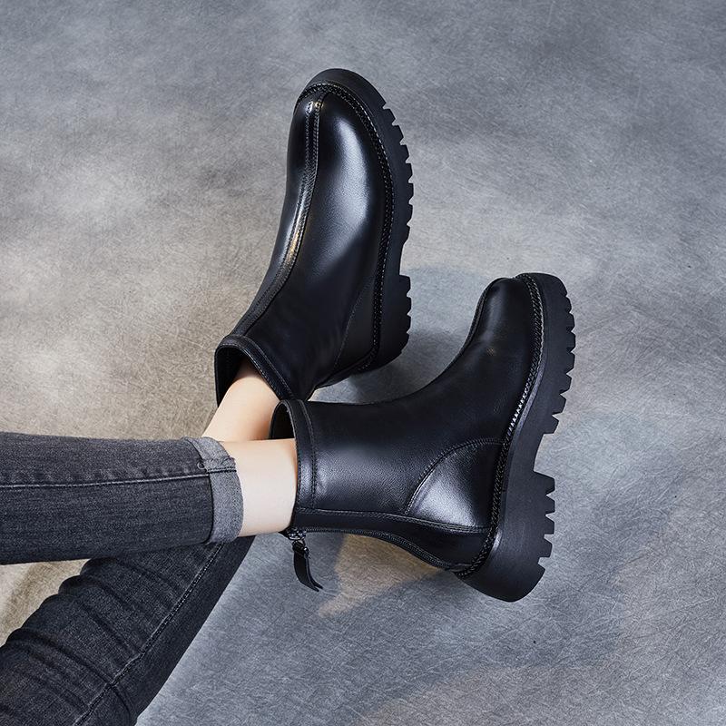 Plattform Martin-kängor i läder 2025 höst och vinter damskor dragkedja bak korta kängor dam-Maillard-kängor dam-