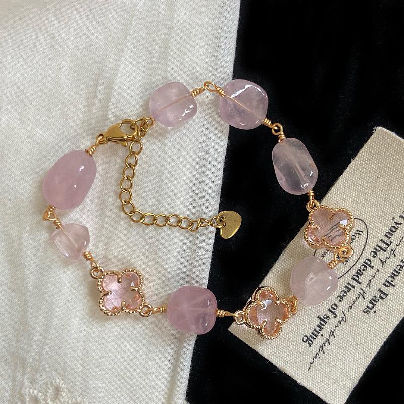 Pink Four-leaf Flower Bracelet Freshwater Pearl Natural Crystal Bracelet, Sweet Internet Celebrity Small Fragrance Citrine Bracelet.
