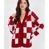 Europe, America Autumn and Winter Fashion Sweater Women's Clothing, Casual Knitted Plaid Contrasting Cardigan Jacket Top
