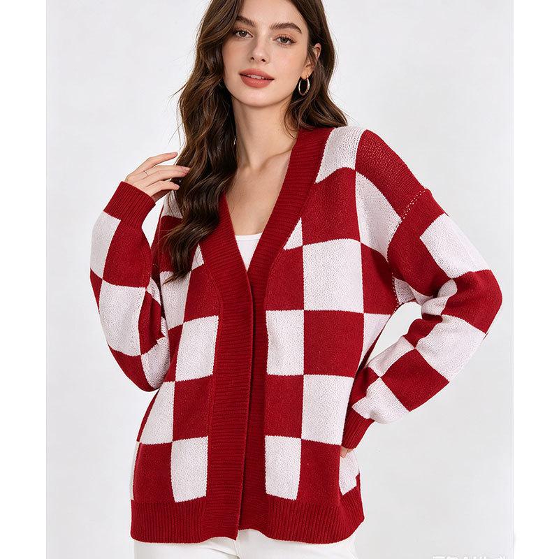 Europe, America Autumn and Winter Fashion Sweater Women's Clothing, Casual Knitted Plaid Contrasting Cardigan Jacket Top