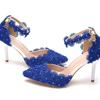 Blue Lace Beaded Flowers Wedding Shoes One-line Wristband Bride Shoes Thin Heel Pointed Sandals Stage Performance Shoes for Women