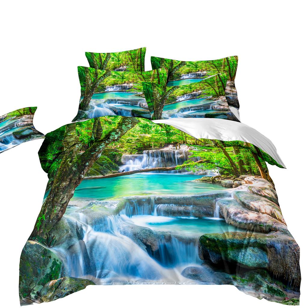 Three-Piece Beautiful Landscape 3D Bedding Stream Waterfall Printing Quilt Cover Home Textile Batch