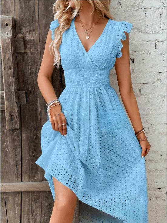 Elegant Plus Size V-Neck Hollow-Out Dress with Lotus Leaf Sleeves