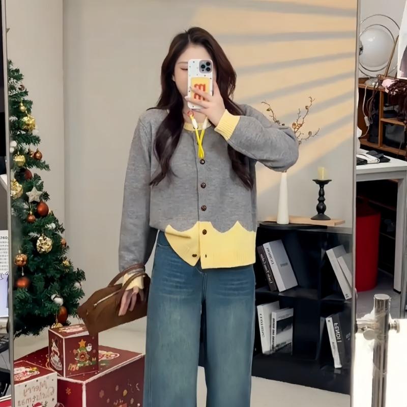 

Новый ретро контрастный цвет вязаный кардиган женский осенне-зимний новый тонкий дизайн свитер куртка топ женская мода one size fits all