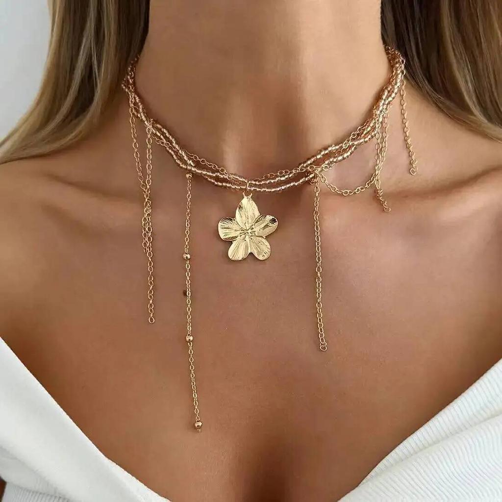 SHIXIN Bohemia Charm Gold Color Flower Pendant Necklace for Women Vintage Metal Tassel Adjustable Clavicle Chain Wedding Jewelry