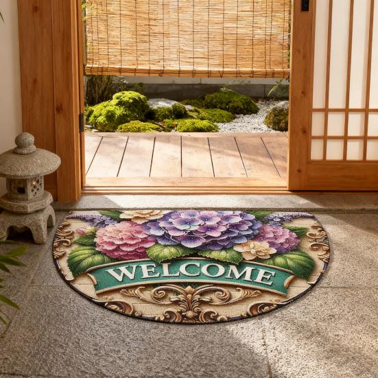 Floral Doormat Absorbent Half Round Floor Mat Non-Slip Door Mat Decorative Entrance Rug for Living Room Bathroom Kitchen