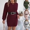 Effen Kleur Gedraaide Taille Lantaarn Lange Mouwen Dames Herfst Winter Trui Jurk