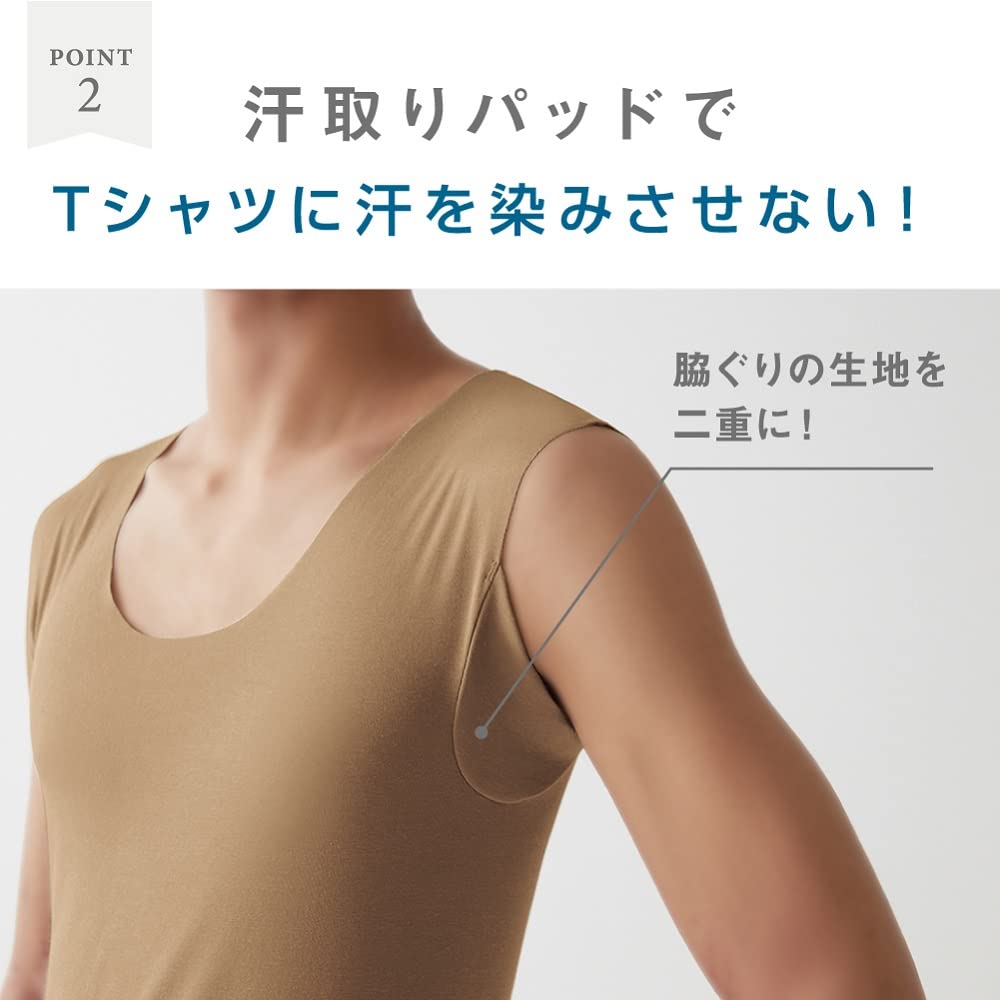 Gunze New Crew Neck Sleeveless Inner Top with Clear Size CUT OFF Series Men's T-Shirt Sweat-Absorbing Pads, Beige, M,