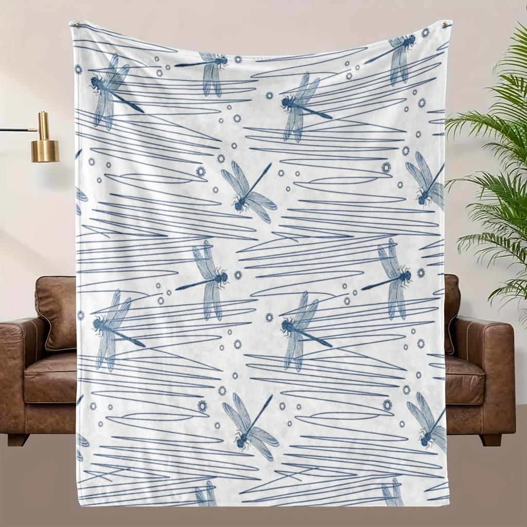 1 Stück Gemütliche Libellen-Thema HD Digitaldruck Flanell Decke, Weiches & Atmungsaktives Polyester, Elegantes Blau-Weißes Muster Design