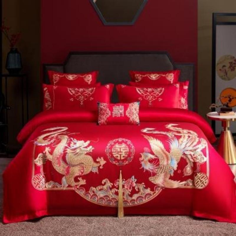 New Chinese style big red embroidery wedding quilt cover polished wedding room bedding wedding four-piece multi-piece set