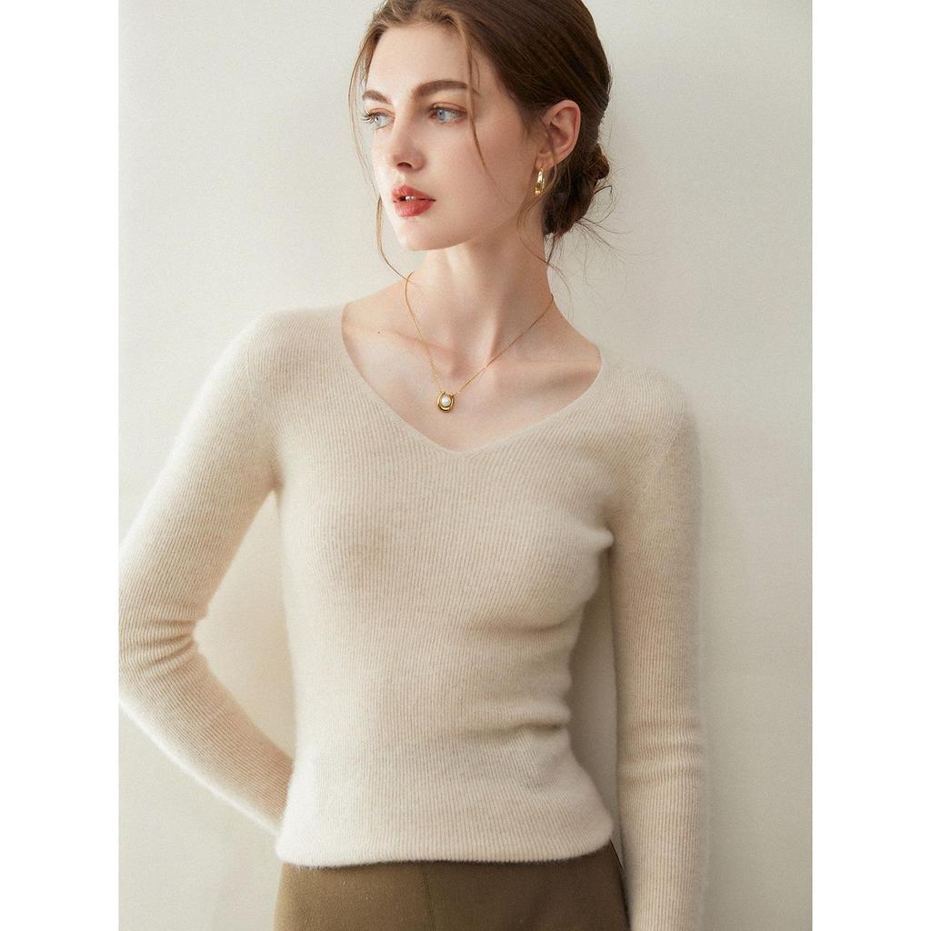 V-Neck Slim Fit Women's Cashmere Sweater - 100% Pure Goat Cashmere, 2025 New Autumn/Winter Collection.
