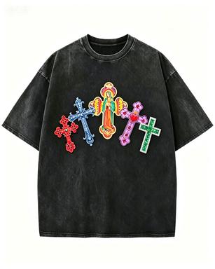 2026 new Washed Cotton Tshirt with Colorful Cross Print Casual Gothic Streetwear Top 2XL