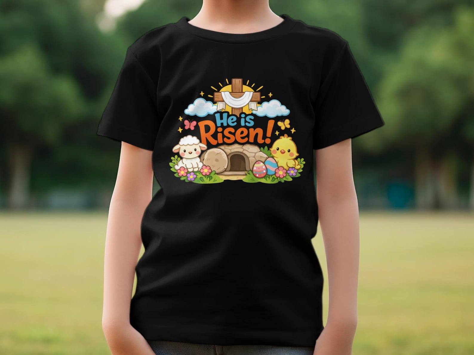 He is Risen Easter T-Shirt, Christian Jesus Empty Tomb, Lamb Chick Spring Top 2XL