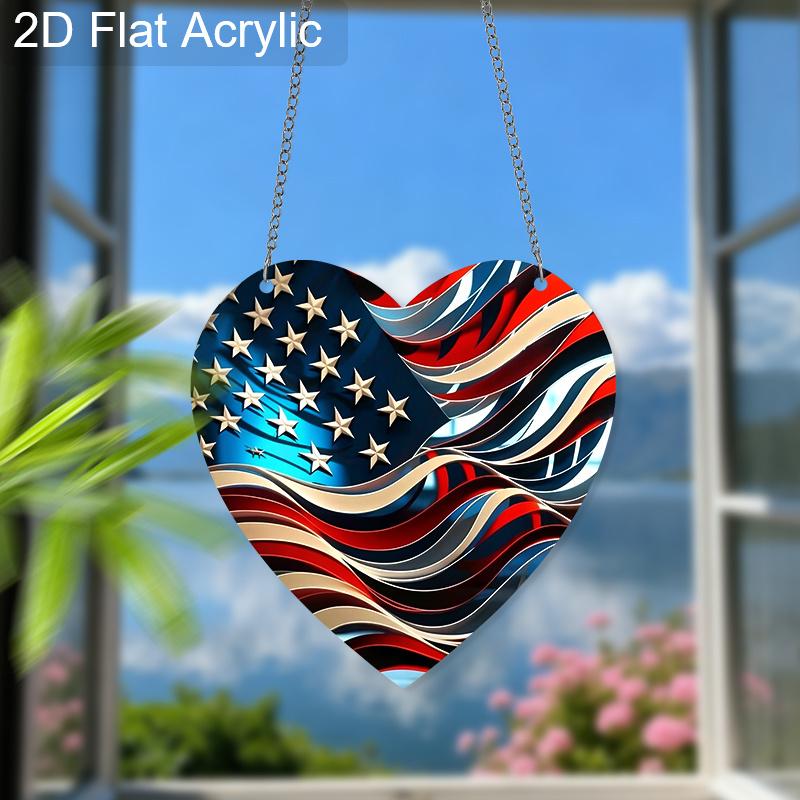 2D Flat Acrylic USA 250th Anniversary Suncatcher, 7.87in Heart American Flag Window Hanging Decor, Independence Day Memorial Day Gift