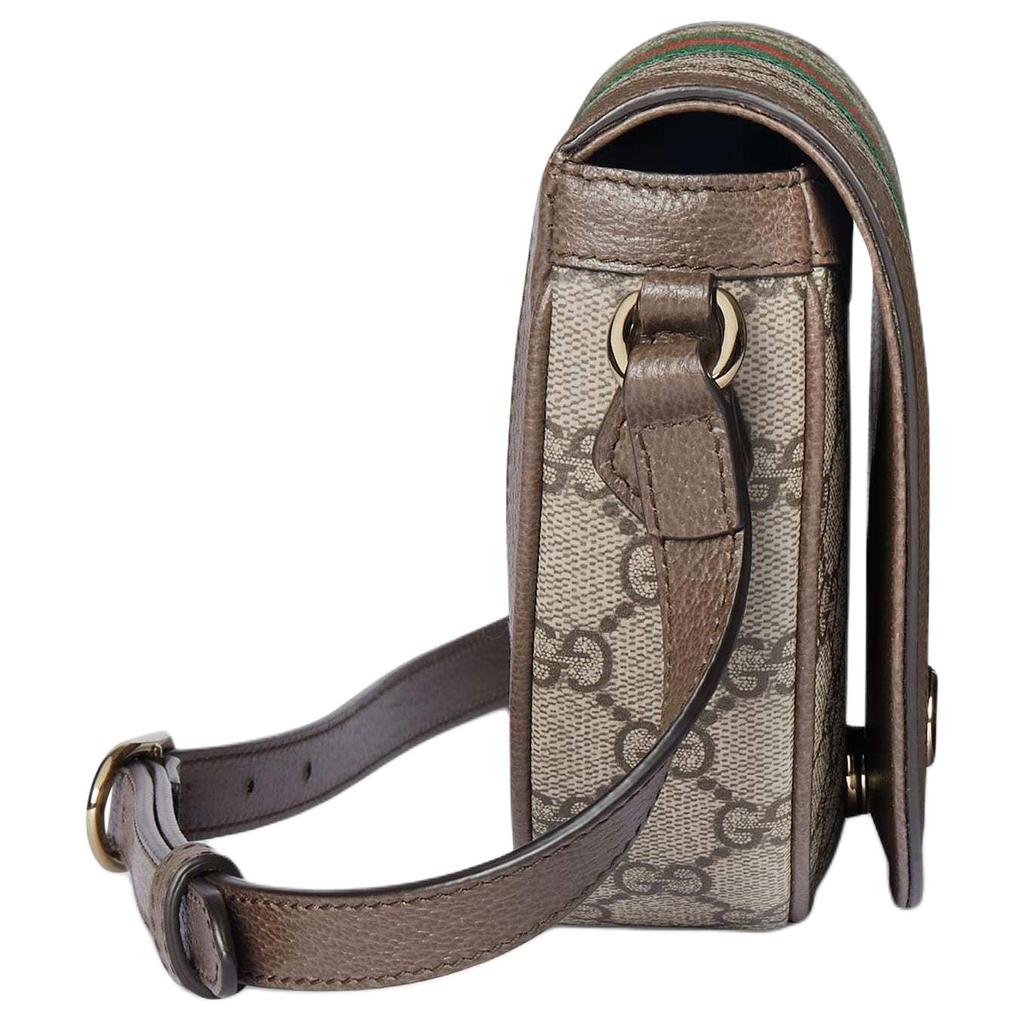 Gucci Ophidia GG Supreme Saddle Bag, Beige Canvas Brown Leather Trim Web Stripe, Women's Crossbody Handbag for Daily Travel 838476-FAE0P-9746