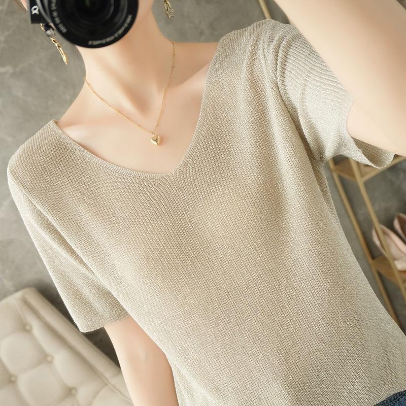 V-neck Sweater Thin Short-sleeved Women's Summer Loose Versatile T-shirt Close-fitting Comfortable Top